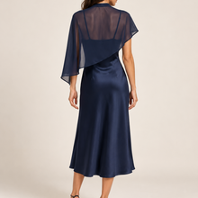 Load image into Gallery viewer, Chelise Navy Satin Dress with Chiffon Cape