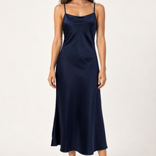 Load image into Gallery viewer, Chelise Navy Satin Dress with Chiffon Cape
