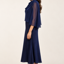 Load image into Gallery viewer, Chelise Navy Satin Dress with Chiffon Cape
