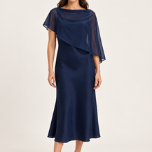 Load image into Gallery viewer, Chelise Navy Satin Dress with Chiffon Cape
