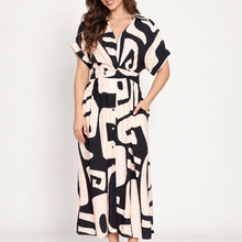 Load image into Gallery viewer, Connie Geometric Print Dress in Black &amp; Cream
