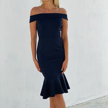 Load image into Gallery viewer, Georgia Off Shoulder Cocktail Dress in Navy
