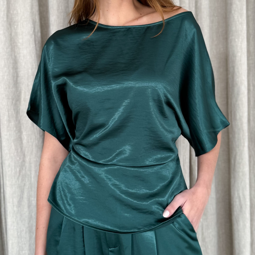 Kendall Satin Top in Petrol Green