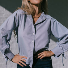 Load image into Gallery viewer, Paris Blue Stripe Shirt with Ruched Sleeve
