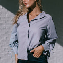 Load image into Gallery viewer, Paris Blue Stripe Shirt with Ruched Sleeve
