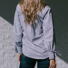 Load image into Gallery viewer, Paris Blue Stripe Shirt with Ruched Sleeve
