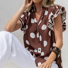 Load image into Gallery viewer, Petra Polka Dot Ruffle Blouse in Chocolate
